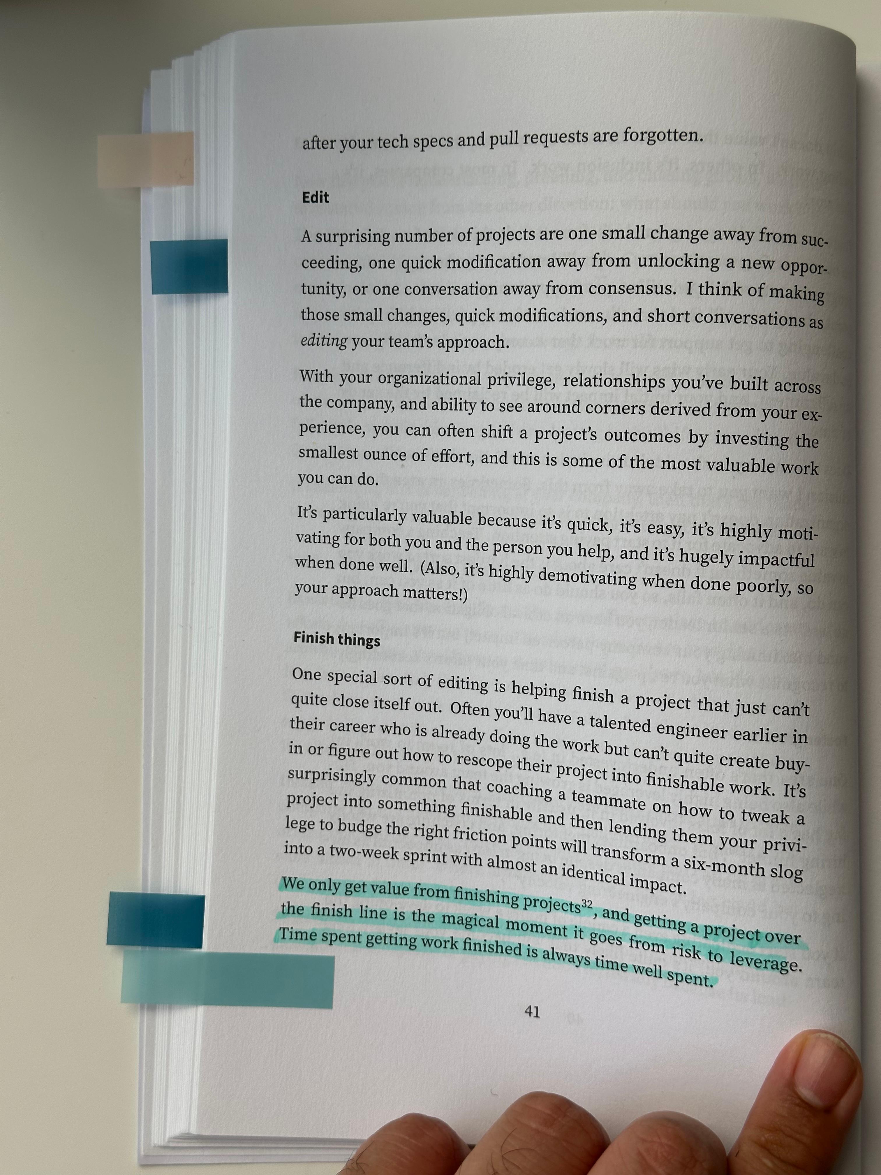 Highlighted passage about the value of finishing projects, from the Finish things section of Staff Engineer