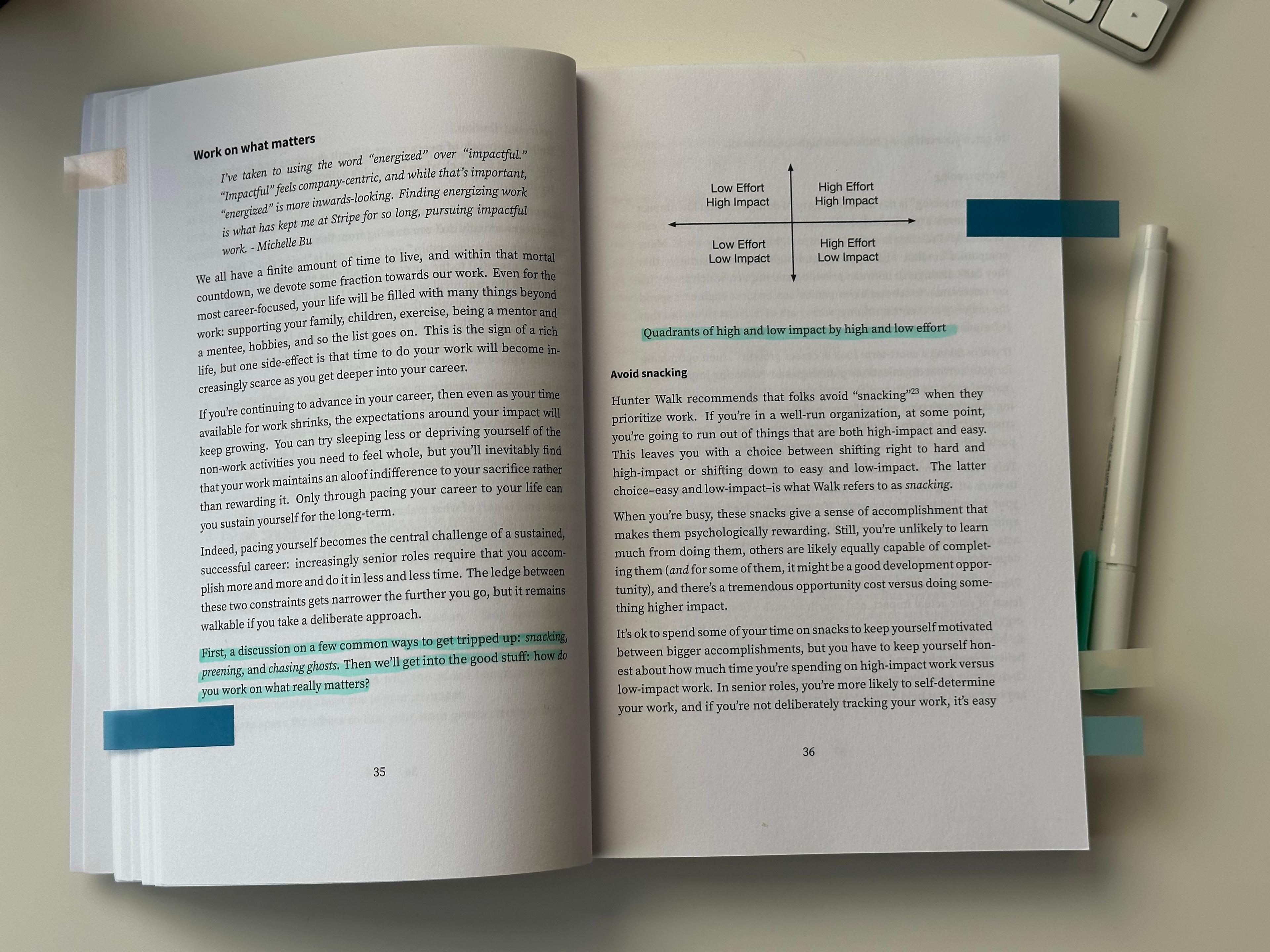 The Work on what matters chapter of Staff Engineer, with highlighted lines and the effort versus impact quadrants diagram