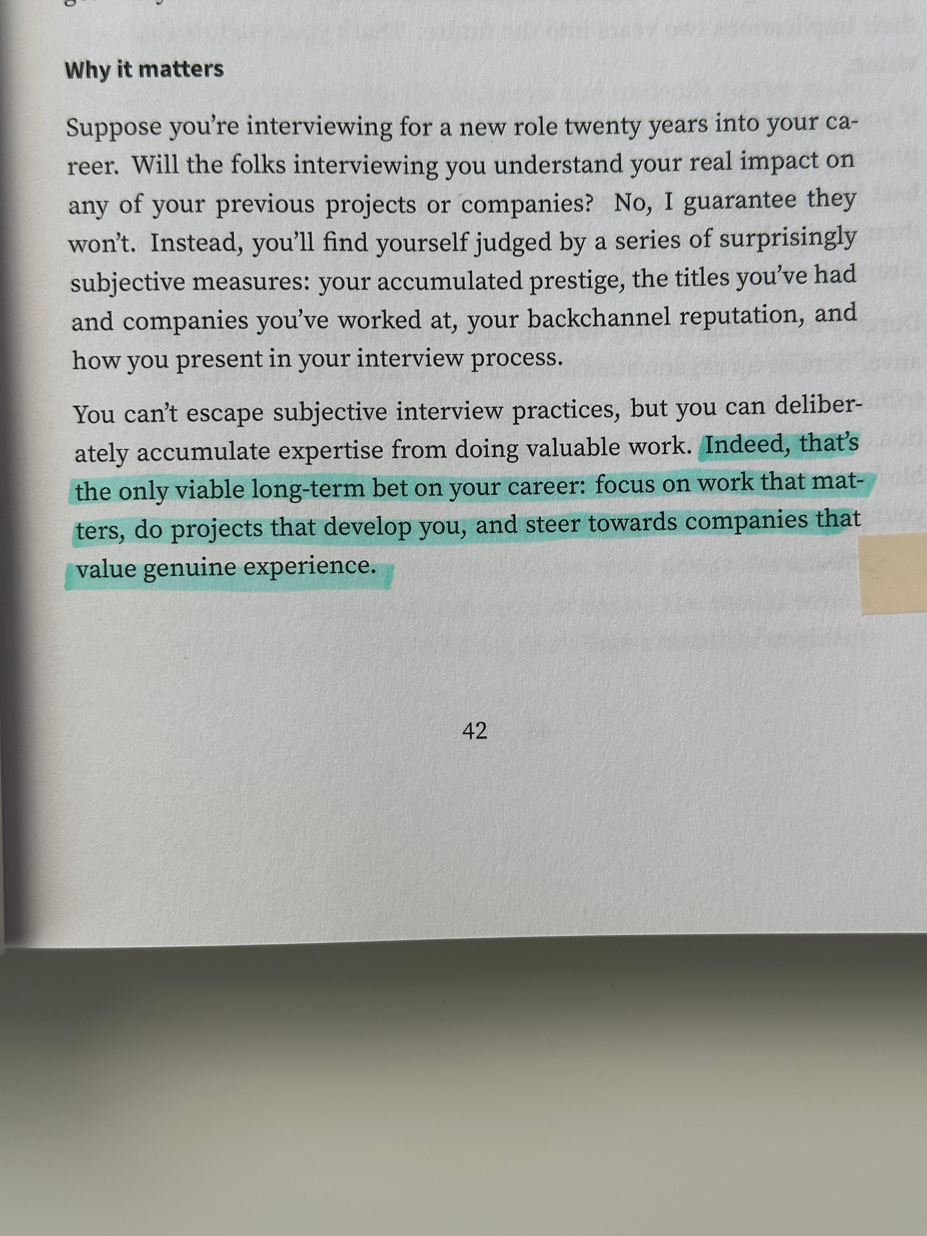 Highlighted closing lines of the Work on what matters chapter in Staff Engineer, on focusing on work that matters