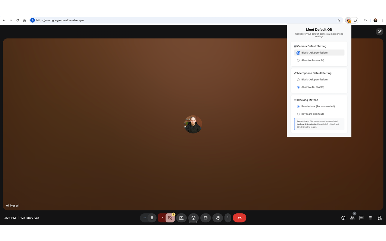Meet Default Off Extension - Camera and Microphone Controls